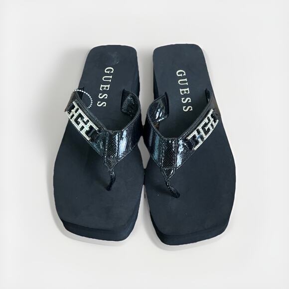GUESS Platform Flip Flop Wedge Sandals 9M Black Logo Rhinestone Thong Women - Picture 2 of 7